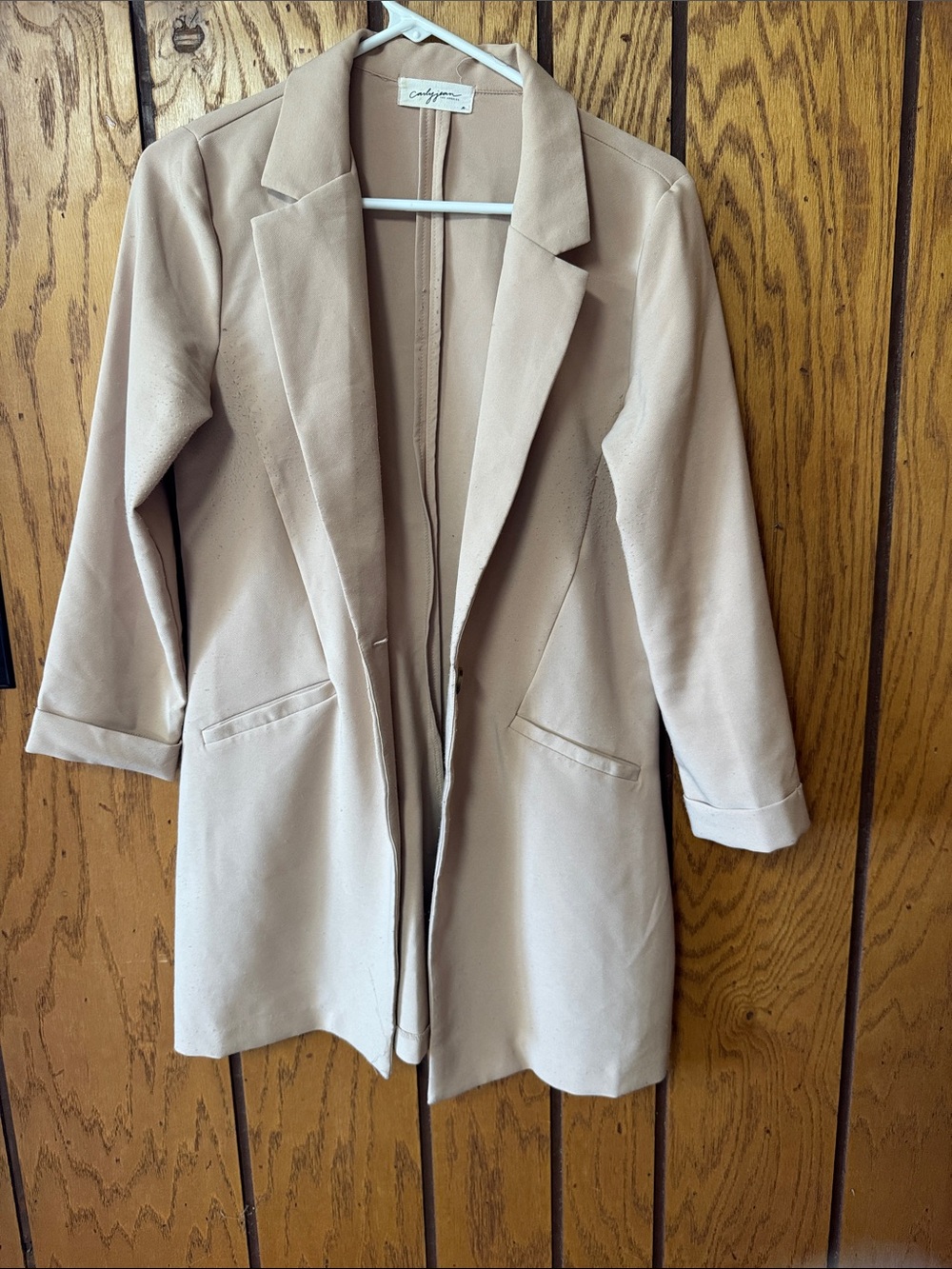 Carly Jean Light Beige Long Open-Front Blazer